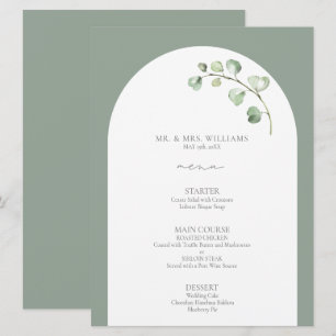 Modern Sage Green Arch Botanical Script Wedding Menu
