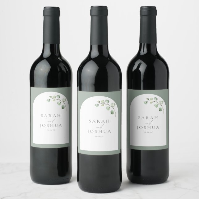 Modern Sage Green Arch Botanical Script Wedding Wine Label (Bottles)