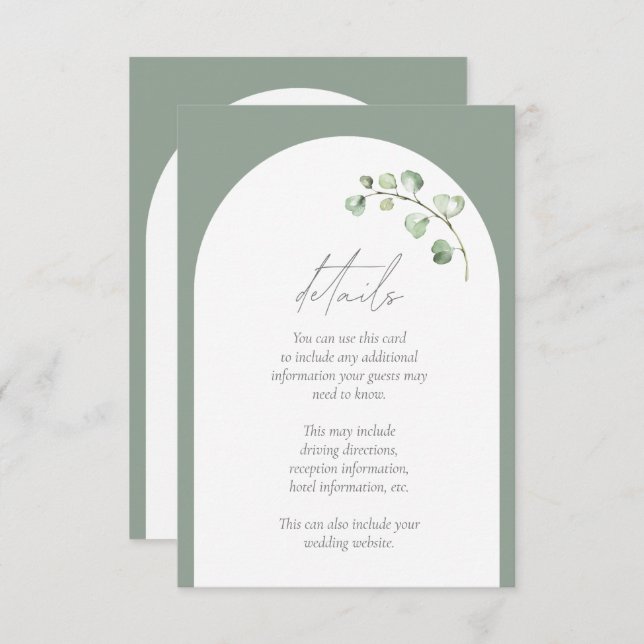 Modern Sage Green Arch Botanical Wedding Details Enclosure Card (Front/Back)