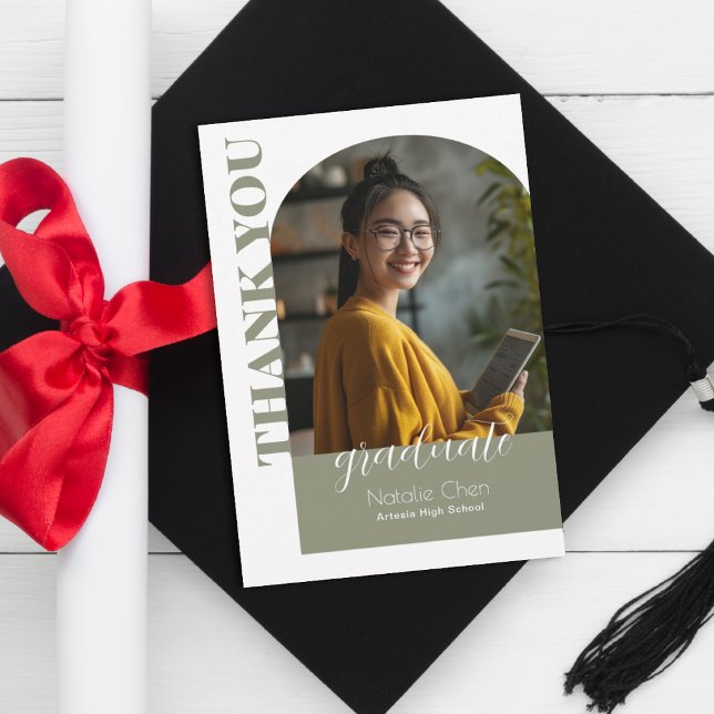 Modern Sage Green Arch Photo Graduate Thank You Card (Creator Uploaded)