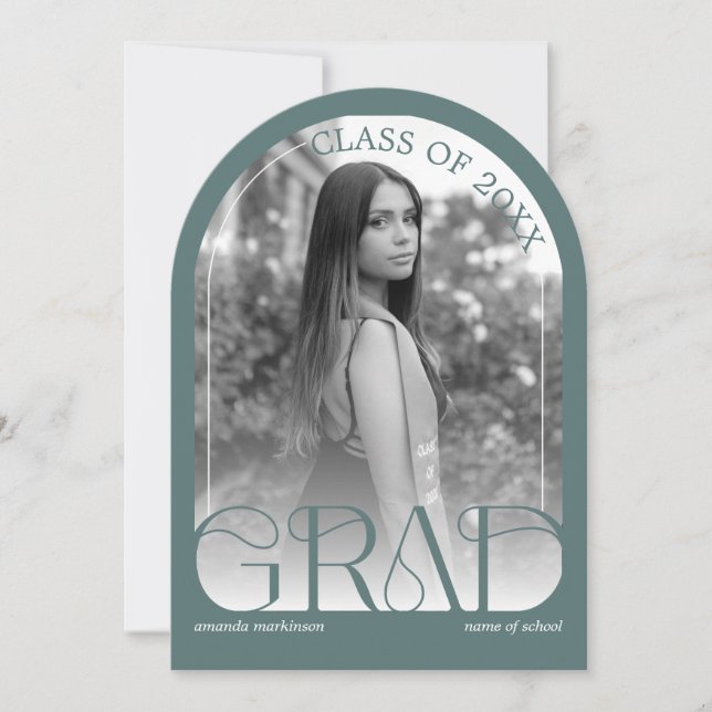 Modern Sage Green Arch Photo Graduation Party Invitation (Front)