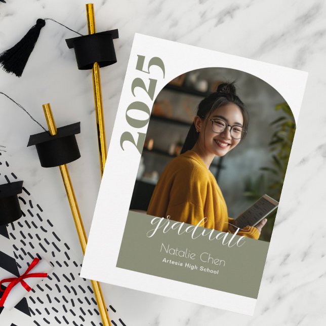 Modern Sage Green Arch Photo Graduation Party Invitation (Creator Uploaded)
