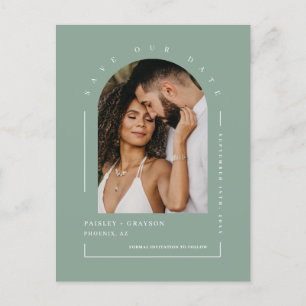 Modern Sage Green Arch Photo QR Code Save Our Date Postcard