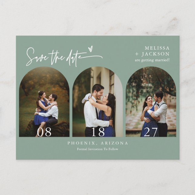 Modern Sage Green Arch Photo QR Code Save the Date Postcard (Front)