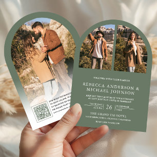 Modern Sage Green Arch Photo QR Code Wedding Invitation