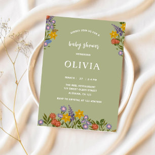 Modern Sage Green Baby Shower Floral Elegant Invitation