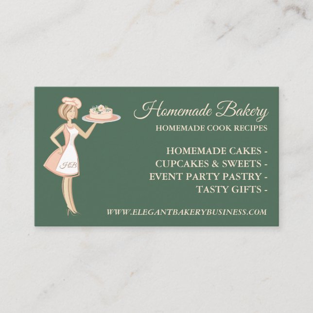 Modern Sage Green Bakery Woman Cake Service Business Card (Front)