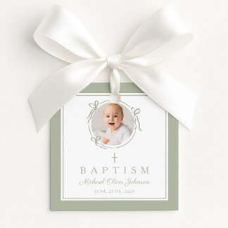 Modern Sage Green Baptism Photo Favour Tags