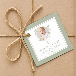 Modern Sage Green Baptism Photo Favour Tags