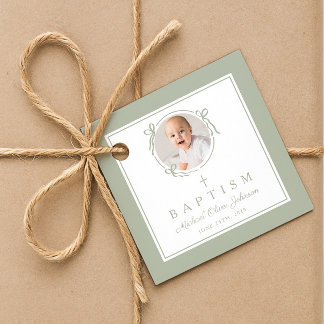 Modern Sage Green Baptism Photo Favour Tags