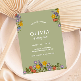 Modern Sage Green Birthday Floral Elegant Greenery Invitation