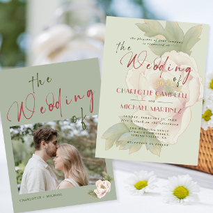 Modern Sage Green Blush Peony Floral Photo Wedding Invitation