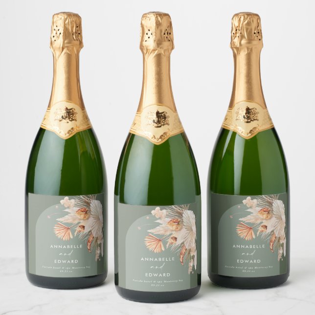 Modern Sage Green Bohemian Pampas Grass Botanical Sparkling Wine Label (Bottles)