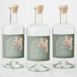 modern sage green bohemian pampas grass Mr & Mrs  Liquor Bottle Label
