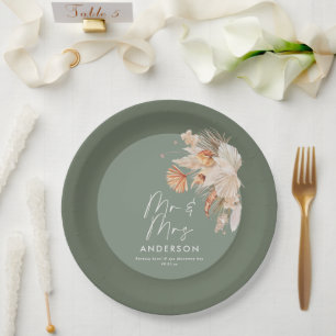 modern sage green bohemian pampas grass Mr & Mrs  Paper Plate