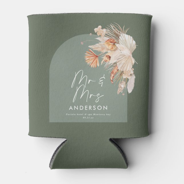 modern sage green bohemian pampas grass wedding can cooler (Front)