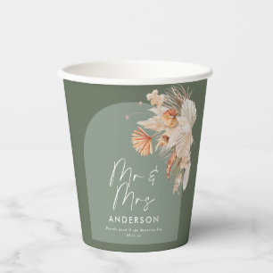 modern sage green bohemian pampas grass wedding  paper cups
