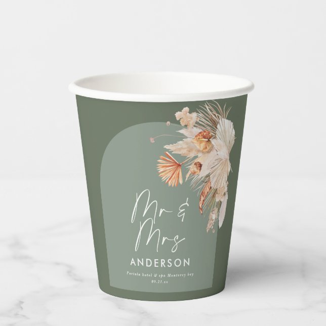 modern sage green bohemian pampas grass wedding  paper cups (Front)