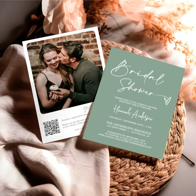 Modern Sage Green Boho Bridal Shower QR Code Photo Invitation (Creator Uploaded)