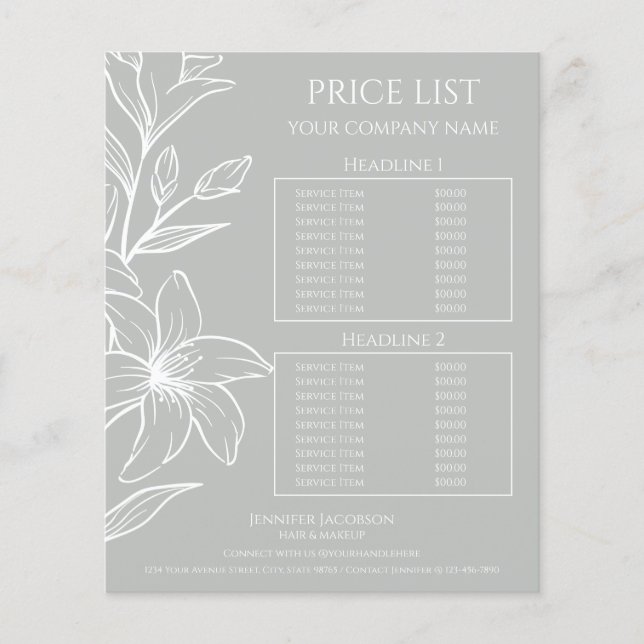Modern Sage Green Boho Floral Price List Flyer (Front)