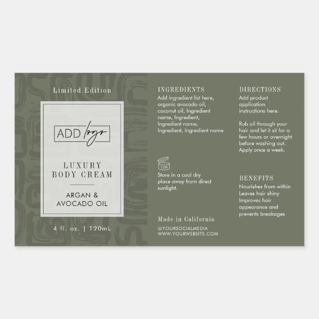 Modern Sage Green Boho Logo 4OZ Cosmetic Bottle Rectangular Sticker (Front)