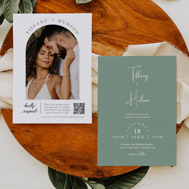 Modern Sage Green Boho Wedding Arch Photo QR Code  Invitation (Creator Uploaded)