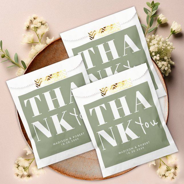 Modern Sage Green Bold Thank You Wedding Party Favour Bags (Creator Uploaded)