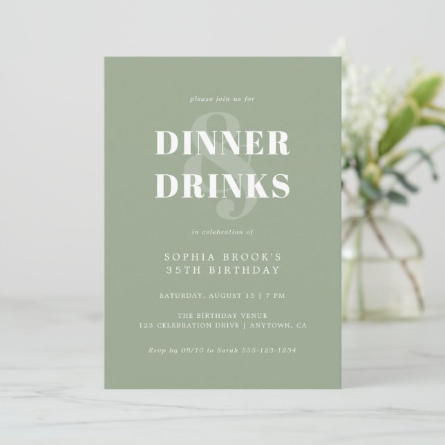 Modern Sage Green Bold Typography Birthday Dinner Invitation (Standing Front)