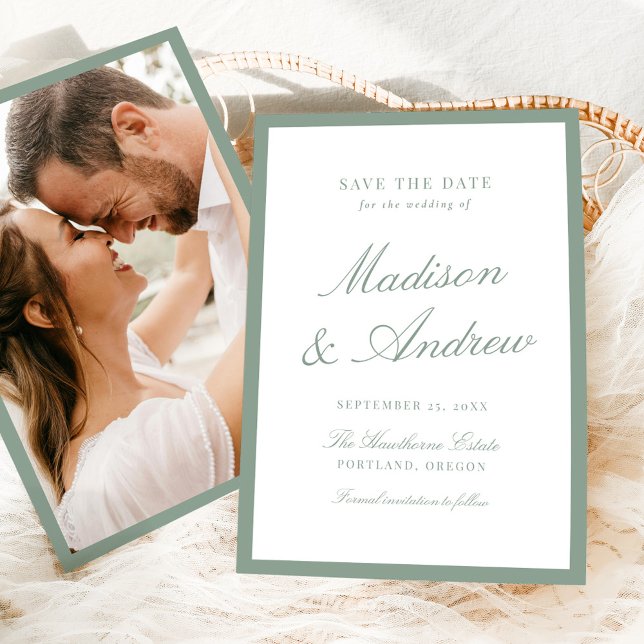 Modern Sage Green Border Photo Wedding Save The Date (Creator Uploaded)