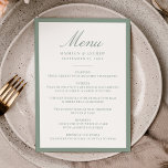 Modern Sage Green Border Wedding Menu<br><div class="desc">This wedding menu features “Menu” in soft sage green calligraphy, complemented by clean serif typography for the couple’s names, date, and reception courses. The muted green border brings a calm, natural touch while maintaining a structured and timeless look. Ideal for garden, vineyard, and outdoor weddings, this menu blends freshness with...</div>