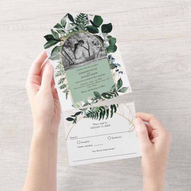 Modern Sage Green Botanical garden photo wedding All In One Invitation (Tearaway)
