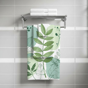 Modern Sage Green Botanical Leaf Pattern Bath Towel Set