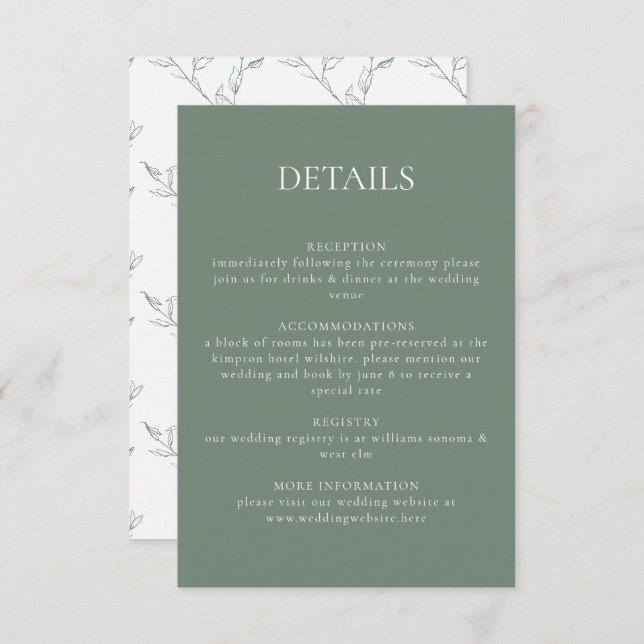 Modern Sage Green Botanical Leaves Wedding Details Enclosure Card (Front/Back)