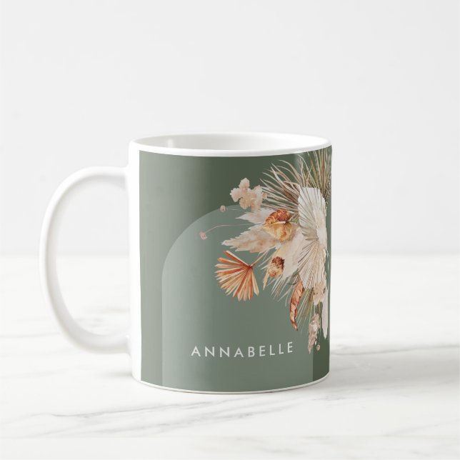 Modern sage green botanical palm pampas grass coffee mug (Left)
