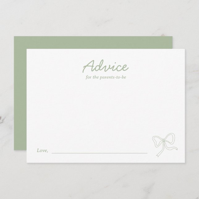 Modern Sage Green Bow Baby Shower Advice Card (Front/Back)