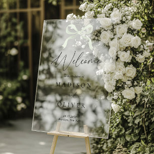Modern Sage Green Bow Monogram Wedding Welcome Acrylic Sign
