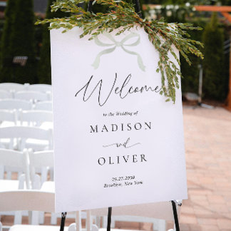Modern Sage Green Bow Monogram Wedding Welcome Poster