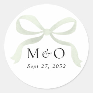 Modern Sage Green Bow Watercolor Monogram Wedding Classic Round Sticker
