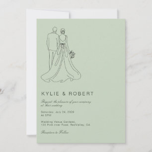 Modern Sage Green Bride & Groom Sketch Wedding Invitation