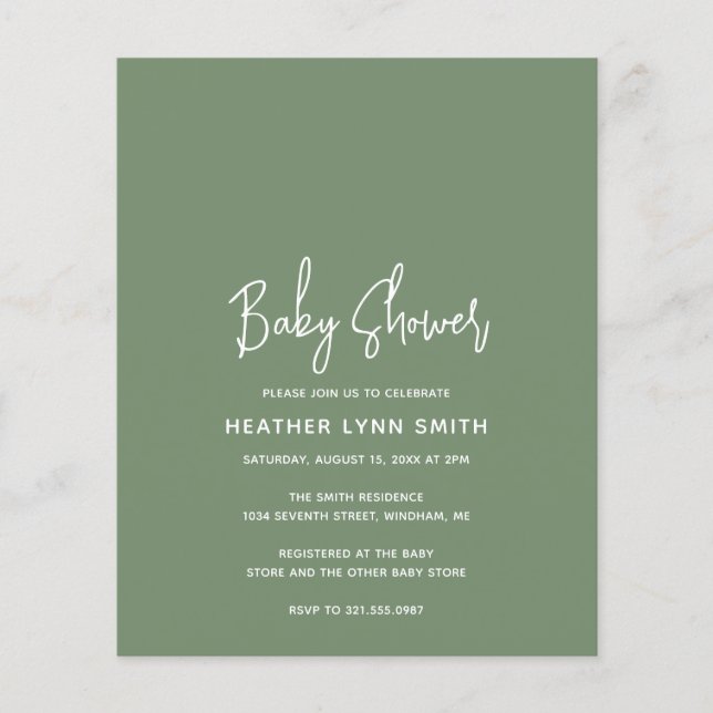 Modern Sage Green Budget Baby Shower Invitation (Front)