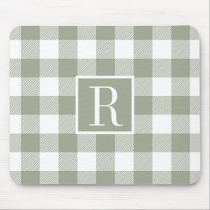 Modern Sage Green Buffalo Check Monogram Initial Mouse Mat