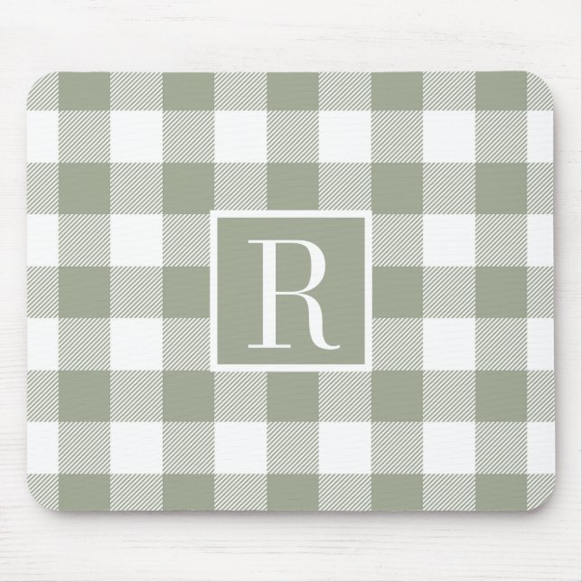 Modern Sage Green Buffalo Check Monogram Initial Mouse Mat (Front)