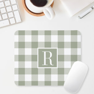 Modern Sage Green Buffalo Check Monogram Initial Mouse Mat
