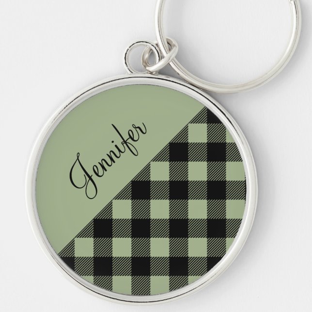 Modern Sage Green Buffalo Check Name Key Ring (Front)