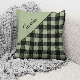 Modern Sage Green Buffalo Plaid Check Pattern Name Cushion