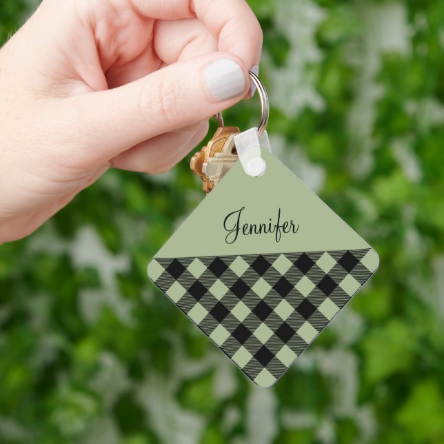Modern Sage Green Buffalo Plaid Name Key Ring (Hand)