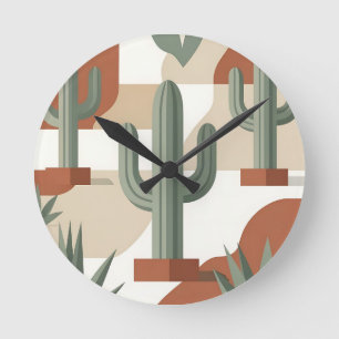 Modern Sage Green Cactus Terracotta Desert Round Clock