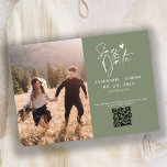 Modern Sage Green Calligraphy Photo QR Code Save The Date<br><div class="desc">Announce your special day with these minimalist QR Coded modern cards with a handwritten calligraphy script Save The Date against a rustic sage green background. Easily customise your personal information including photo and initials on the front and back to make it your own. Please note: Inserting your wedding website in...</div>