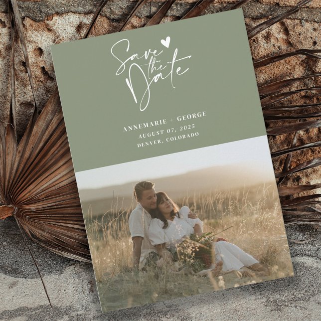 Modern Sage Green Calligraphy Script Photo Save The Date (Creator Uploaded)