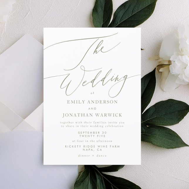 Modern Sage Green Calligraphy Simple Wedding Invitation (Creator Uploaded)